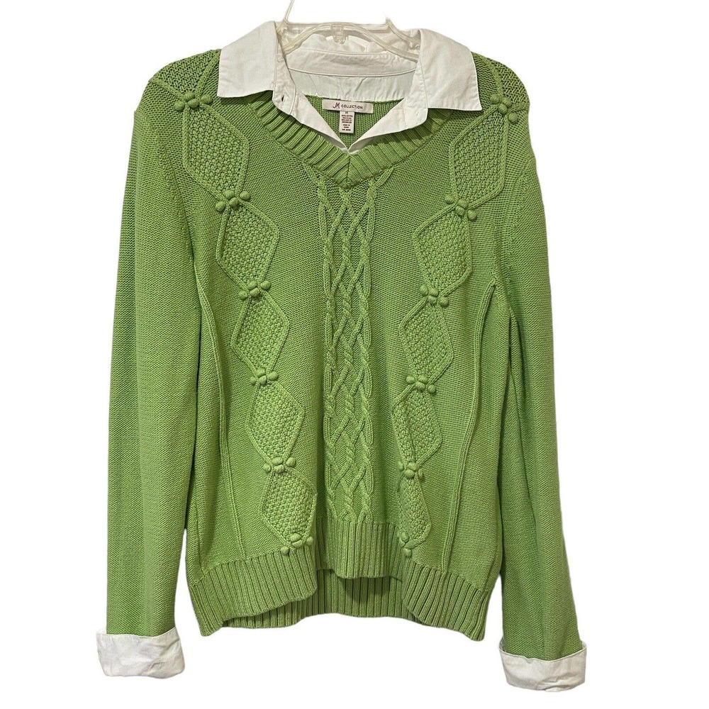 jm collection sweater medium grreen knit dickie style collar retro